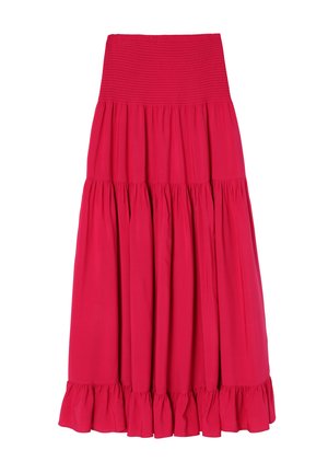 Falda midi roja en capas, confeccionada en una tela suave con una cinturilla fruncida y un dobladillo con volantes, que presenta pliegues para aportar volumen y textura.