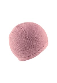 Knitted beanie in soft pink yarn, rounded shape, seamless design, featuring a textured finish and subtle ribbed accents at the brim.