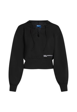 Černá krátká mikina s kapucí, s šněrovacím výstřihem do V, dlouhými rukávy, žebrovanými manžetami a bílým logem "Karl Lagerfeld Jeans" na přední straně.