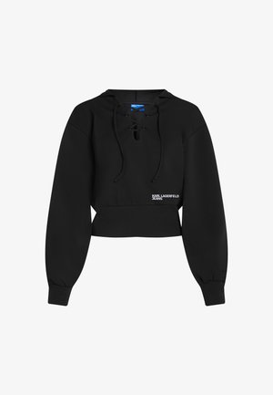 Schwarzer kurzer Hoodie mit geschnürtem V-Ausschnitt, langen Ärmeln, gerippten Bündchen und weißem "Karl Lagerfeld Jeans"-Logo auf der Vorderseite.