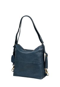 Borsa a spalla in pelle blu scuro con una texture liscia, tracolla regolabile, dettagli in oro e un piccolo etichetta rimovibile per un tocco in più.
