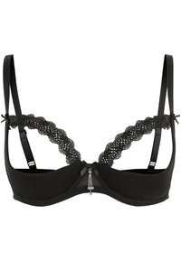 Zwarte kanten bh met golvend kant, verstelbare bandjes en een centrale versiering met hangende kralen en een klein strikje.