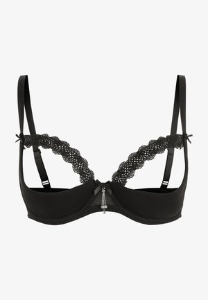 Schwarzer Spitzen-BH mit gewelltem Spitzenrand, verstellbaren Trägern und zentraler Verzierung mit herabhängenden Perlen und einem kleinen Schleifchen.
