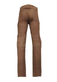 Paarse leren broek met een gladde textuur, rechte snit en twee achterzakken. Heeft een tailleband en contrasterende stiksels langs de naden.