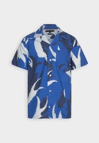 Camicia a maniche corte, con bottoni, di colore blu, con un audace motivo astratto di tonalità scure e chiare, dotata di taschino sul petto e colletto a camicia.