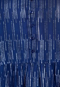 Abito blu navy con strisce verticali argentate scintillanti, dotato di chiusura con bottoni e gonna plissettata. Texture del tessuto liscia.