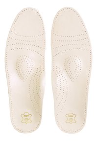 Leather insoles in cream color with perforated patterns for breathability. Features embossed logo in yellow at the bottom corner.