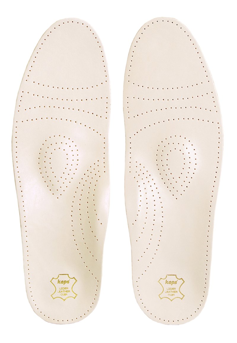 Leather insoles in cream color with perforated patterns for breathability. Features embossed logo in yellow at the bottom corner.