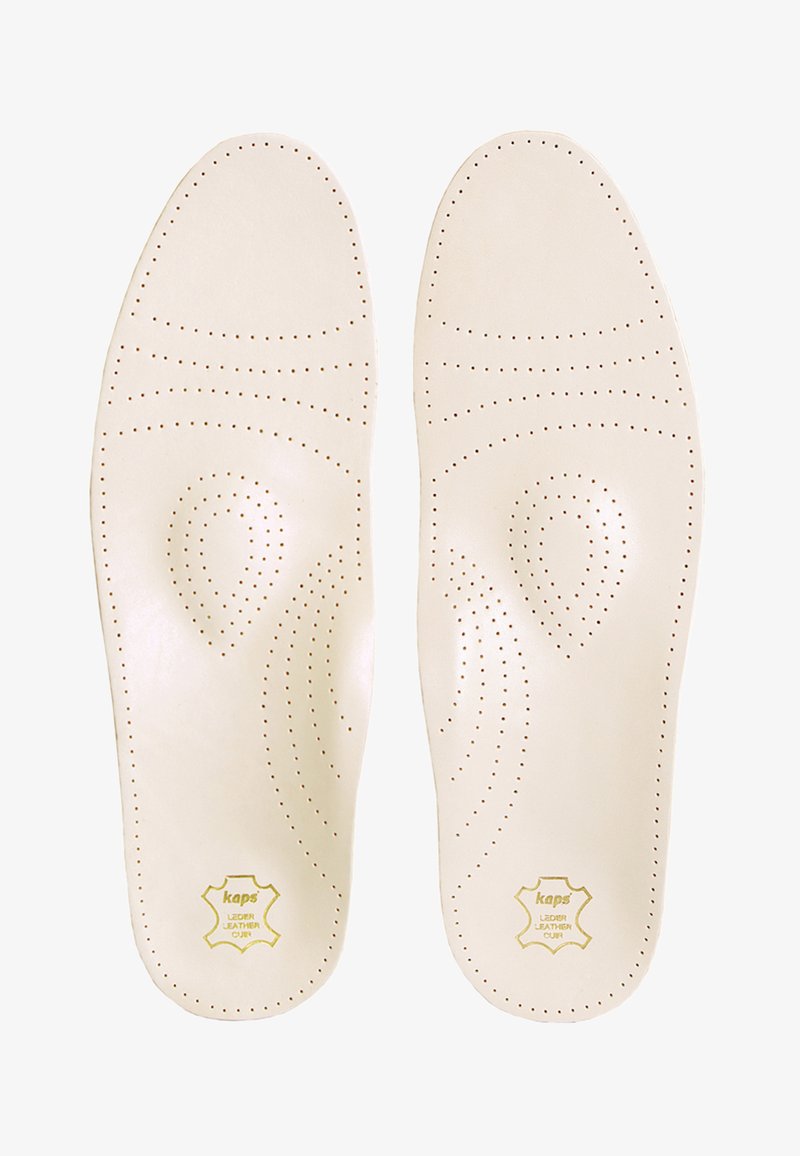 Leather insoles in cream color with perforated patterns for breathability. Features embossed logo in yellow at the bottom corner.