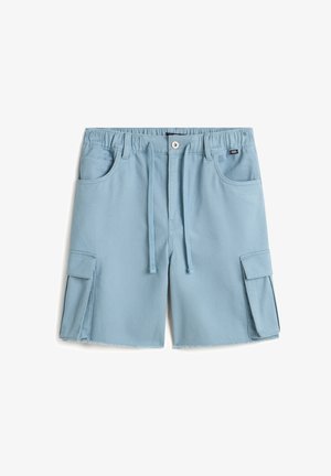 Pantaloni cargo blu in cotone con vita elastica, cordoncino, due tasche laterali e due grandi tasche cargo laterali. L'orlo è grezzo.