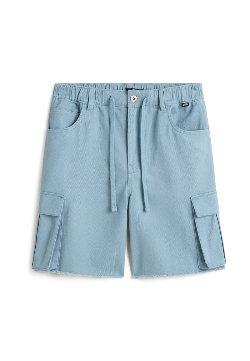 Siniset puuvillaiset cargo-shortsit, joissa on joustava vyötärö, naru, kaksi sivutaskua ja kaksi suurta sivutaskua. Helma on raaka.