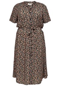 Floral dress in black fabric featuring short sleeves, a v-neckline, a cinched waist with a belt, and a flowing silhouette with pink and blue patterns.