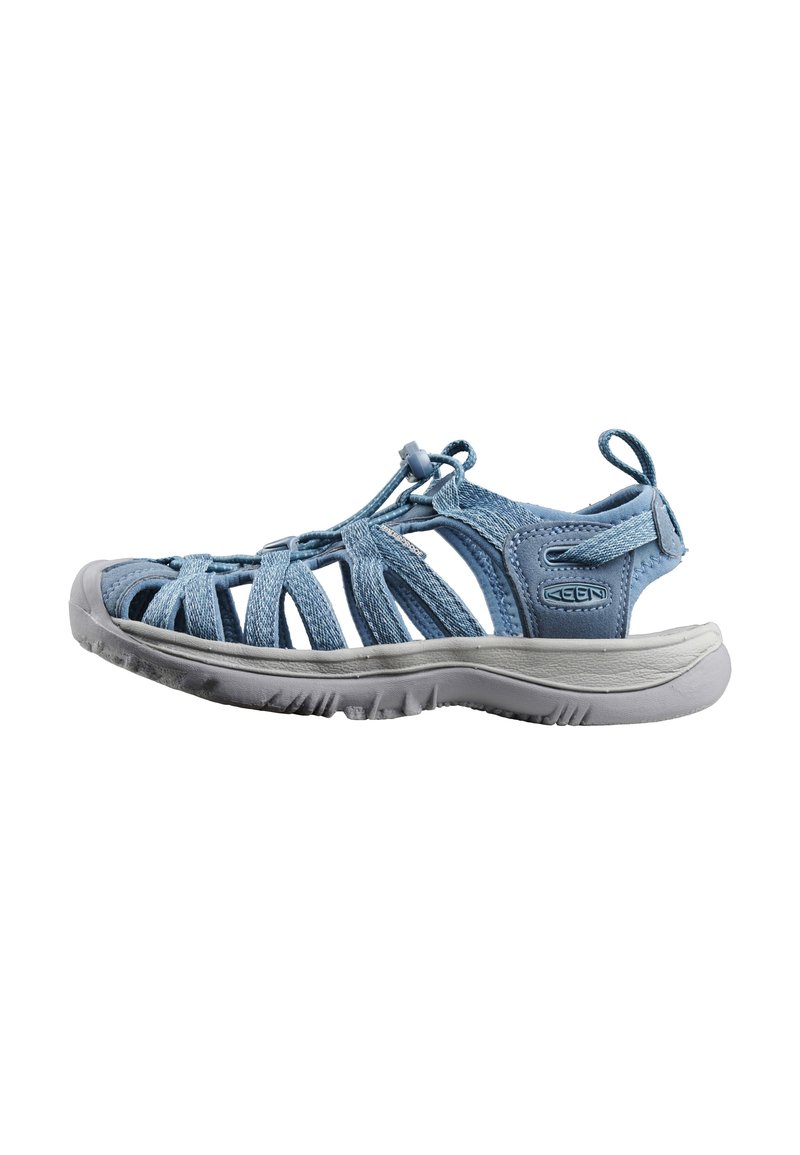 Light blue outdoor sandal with multiple straps, adjustable toggle, closed toe, and thick gray sole, side view.