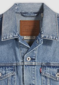 Šviesiai mėlynas džinsinis švarkelis su platėjančiu apykakliu, žalvario detalėmis ir etiketės lopu. Yra priekinių kišenių ir matomų siūlių detalių. Dydis M.