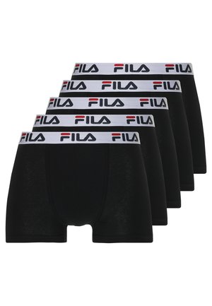 Schwarze Boxershorts im Fünferpack, mit einem weißen Gummibund und rotem sowie schwarzem FILA-Logo. Weicher Stoff, eng anliegende Passform.