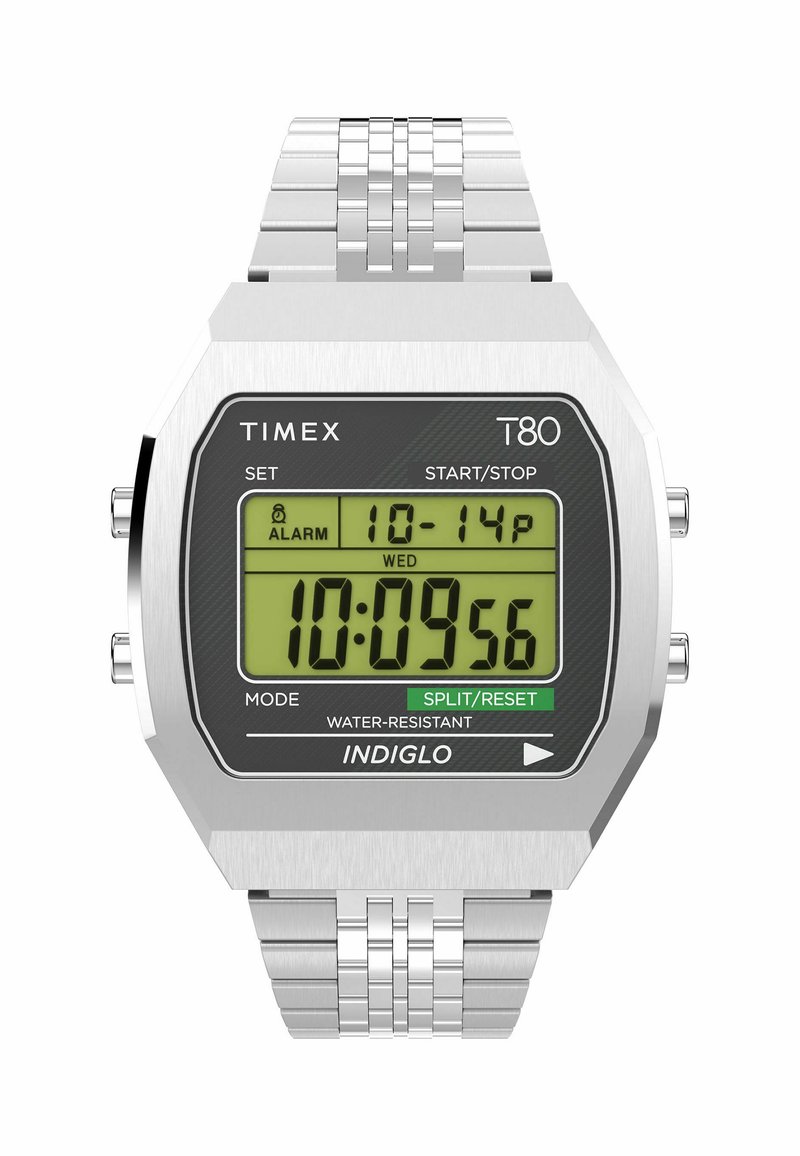 Reloj digital con pulsera de acero inoxidable plateado, caja octagonal, pantalla LCD verde, acentos negros y función de retroiluminación INDIGLO.