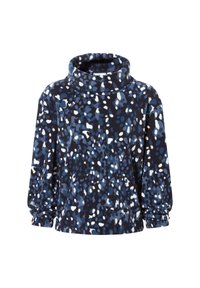 Fleece pullover with a tall neck, featuring a blue and white abstract pattern, dropped shoulders, and elasticized cuffs. Soft texture.