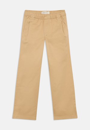 Pantalons en mélange de coton beige avec une taille élastique, design à jambe droite et poches latérales pour plus de fonctionnalité. Texture lisse et style décontracté.