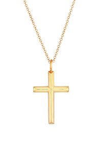 Pendente croce in oro su una catena lucida; presenta un design elegante e arrotondato con una finitura brillante e braccia simmetriche. La catena è a maglie.