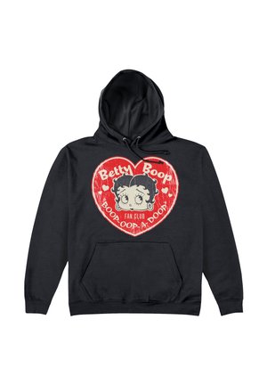 Czarna bluza z kapturem z kieszenią z przodu, z graficznym nadrukiem czerwonego serca. Grafika zawiera teksty "Betty Boop" i "Fan Club" oraz rysunkową twarz.
