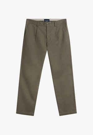 Herre olivengrønne bukser med lige ben, forreste læg, sidelommer og knaplukning ved taljen.