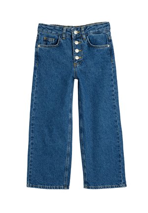 Pantalones de mezclilla azul oscuro de pierna ancha con una cintura alta, cierre de cinco botones y dos bolsillos frontales. Presenta costuras visibles y un deslavado mínimo.