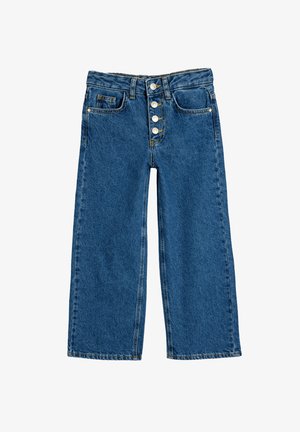 Pantalones de mezclilla azul oscuro de pierna ancha con una cintura alta, cierre de cinco botones y dos bolsillos frontales. Presenta costuras visibles y un deslavado mínimo.