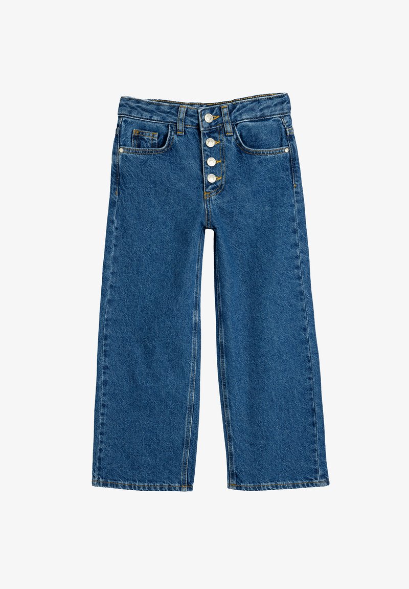 Pantalones de mezclilla azul oscuro de pierna ancha con una cintura alta, cierre de cinco botones y dos bolsillos frontales. Presenta costuras visibles y un deslavado mínimo.