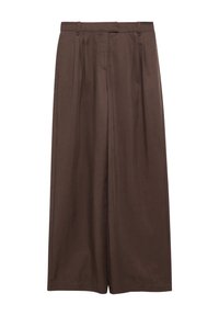 Brown wide-leg trousers with pleats, belt loops, and front zipper closure, shown against a white background.