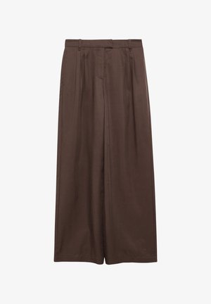 Braune Hosen mit weitem Bein, Bügelfalten, Gürtelschlaufen und Reißverschluss vorne, vor weißem Hintergrund gezeigt.