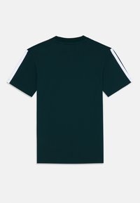 Men's dark green short-sleeve t-shirt featuring white shoulder stripes and a crew neck; cotton fabric with a smooth texture.