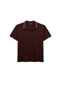 Mörkbrun kortärmad polo med en kontrasterande ljus krage och en avslappnad passform, gjord av mjukt, texturerat tyg.