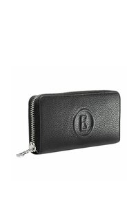 Zwart leren portemonnee met een gestructureerde korrel, voorzien van een ronde gegraveerde logo en een zilveren ritsluiting. Compact rechthoekig ontwerp.