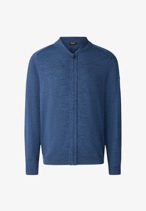 Blauwe ritssluiting cardigan met opstaand kraag, geweven stof met textuur en geribbelde manchetten. Geen zichtbare patronen of hardware details.