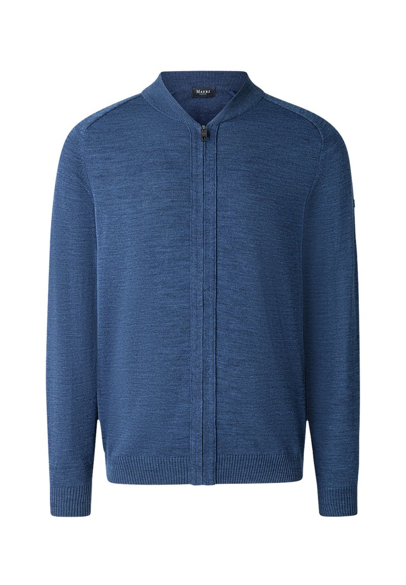Cardigan blu con zip, colletto stand, tessuto a maglia testurizzato e polsini a coste. Nessun motivo visibile o dettagli metallici.