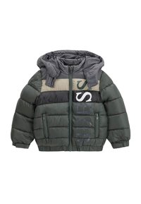 Giubbotto imbottito in verde scuro e grigio con blocchi di colore orizzontali. Dotato di cappuccio, chiusura frontale con zip e due tasche laterali. Tessuto morbido.