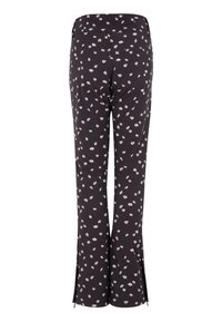 Zwarte broek met een bloemenpatroon, met een rechte snit en zijsplitten aan de onderkant. Gemaakt van rekbaar materiaal voor comfort.