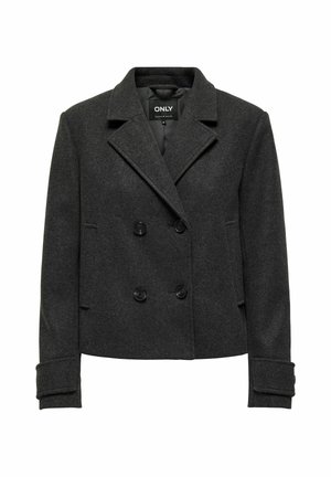 Veste noire en laine croisée avec poches latérales, revers à cran et accents de boutons ; présentée dans un design court avec des poignets repliés.