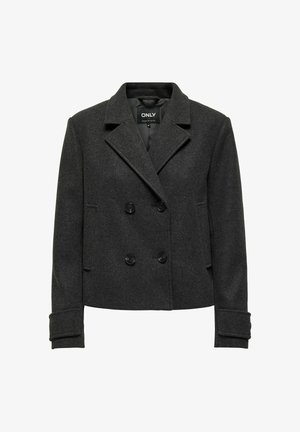 Kétgombos, fekete gyapjú zakó oldalsó zsebekkel, bemetszett hajtókával és gombdíszítéssel; rövidített szabású, hajtott mandzsettákkal.