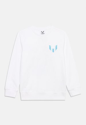 Felpa bianca a maniche lunghe con scollo rotondo, con un piccolo logo Messi azzurro chiaro sul petto a sinistra e polsini e orlo a coste.