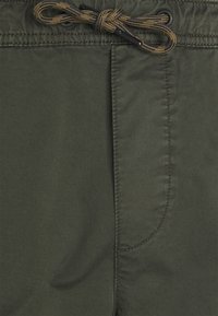 Olive green shorts with a lightweight fabric, featuring an adjustable drawstring waistband and side seam pockets. Smooth texture and stitched details.