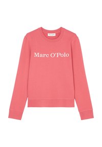 Korallipink sweatshirt pikad varrukad, ümmargune kaelus ja valge "Marc O'Polo" tekst printitud ees. Sile puuvillasegune kangas.