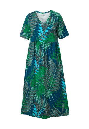Korte mouwen jurk in tinten groen en blauw met een bladpatroon, voorzien van een v-hals en een vloeiende silhouet.