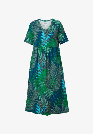 Korte mouwen jurk in tinten groen en blauw met een bladpatroon, voorzien van een v-hals en een vloeiende silhouet.