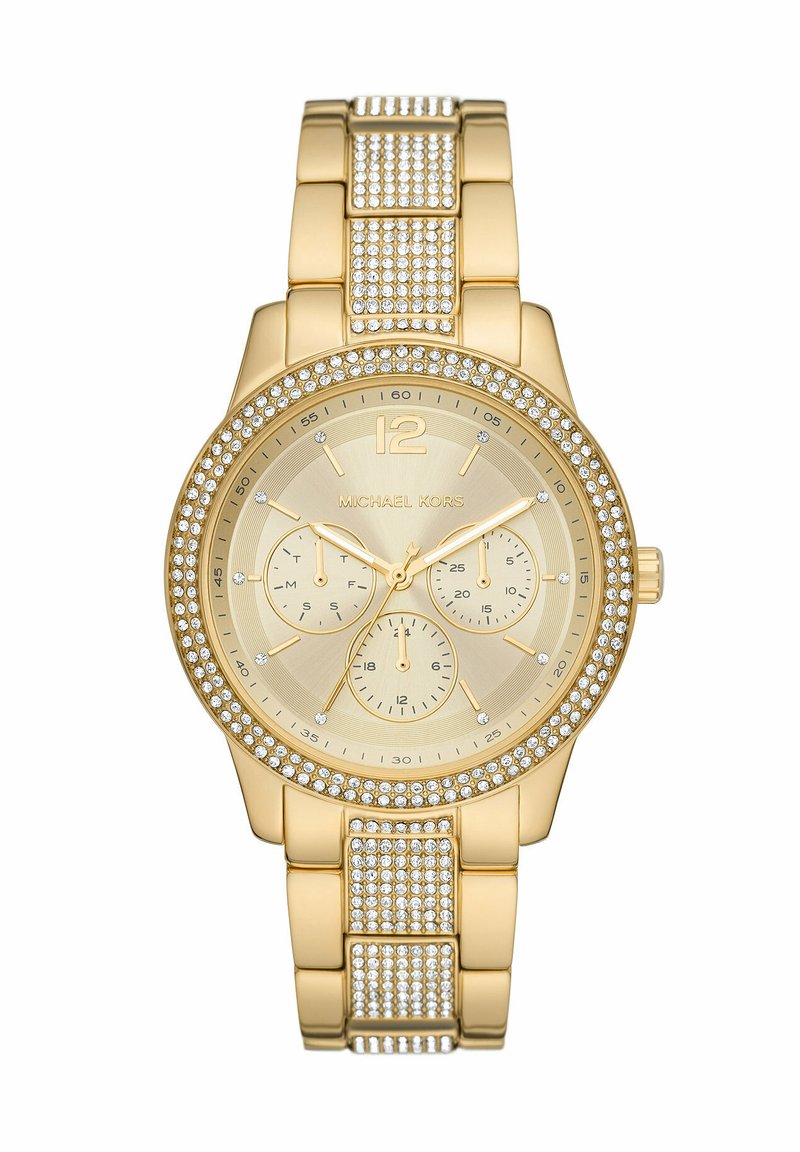 Goldfarbene Edelstahl-Uhr mit strukturierter Lünette, Kristallakzenten und einem runden Zifferblatt mit drei Zusatzdrucken und goldenen Stundenmarkierungen.