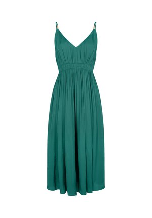 Tealfarbendes Satinkleid in Midilänge mit V-Ausschnitt, geraffter Taille und dünnen verstellbaren Trägern. Glatte Textur und fließender Rock mit minimalen Details.