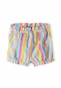 Barns shorts med elastisk midja, prydda med färgglada vertikala ränder i rosa, gult, blått, orange och vitt på en vit bakgrund.