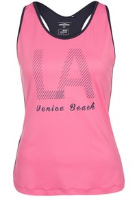 Rosa atletisk linne med rund hals, med "LA" och "Venice Beach" tryckt i mörkblått. Lätt, slätt tyg med racerback-design.