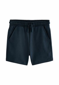 Shorts taille élastique bleu marine avec cordon de serrage et poches latérales, conçus pour un usage décontracté ou sportif.