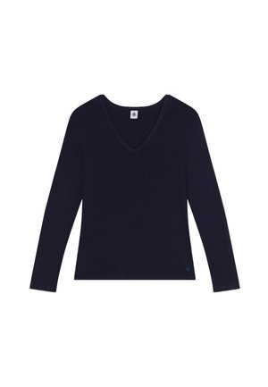 Pull-over en V à manches longues en navy, fabriqué dans un tissu doux. Présente une étiquette au cou et un petit logo en bas à gauche.